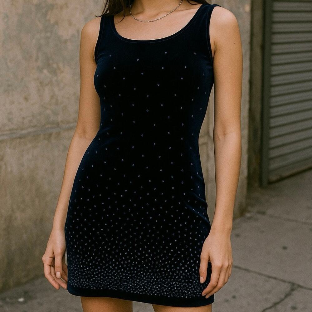 Y2K CITY Triangles Beaded Velvet Blue Sleeveless Mini Dress Size Medium